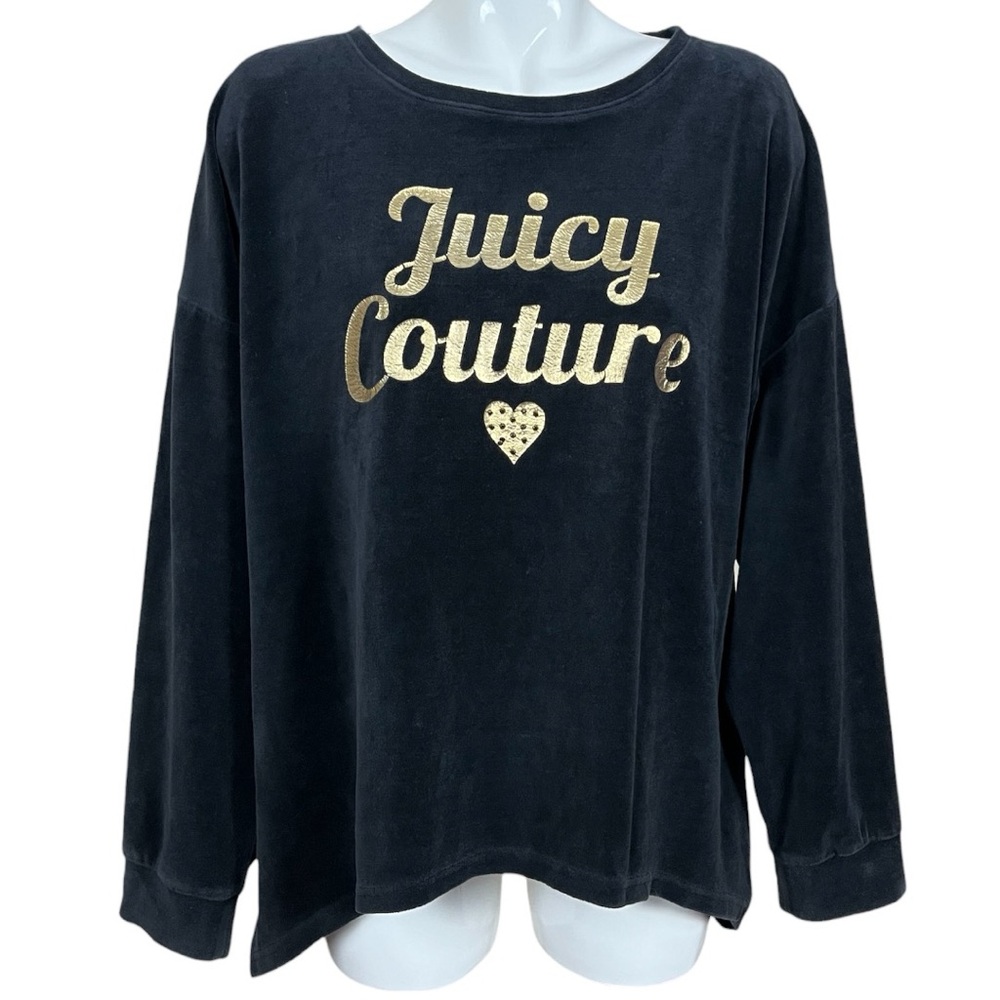 Juicy Couture Black Velour Gold Logo Shark Bite Hem Sweatshirt Large